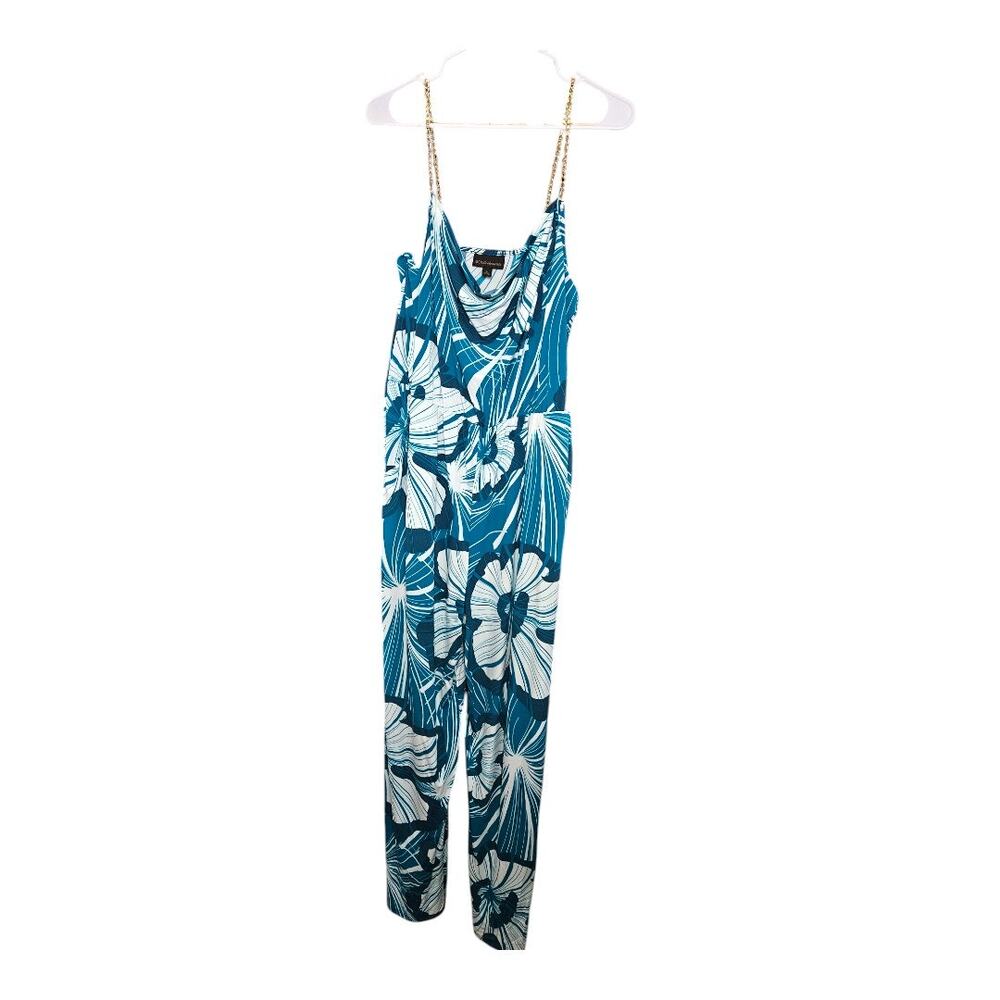 NEW Bold Elements Tropical Print Chain Strap Jumpsuit Teal Women's Large
